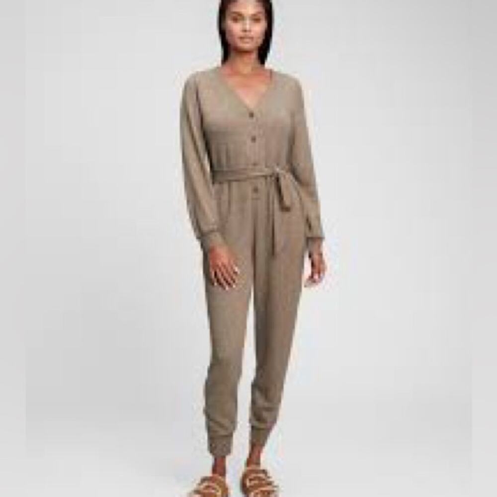 GAP Cocoa Brown Brushed Knit Belted Jumpsuit Button Front Cozy Loungewear Sz M
